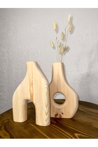 O&a Wood Doğal Ahşap Dekoratif Ikili Takım Biblo Vazo Renksiz