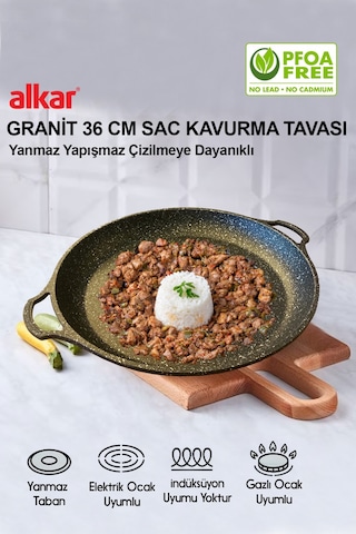36 Cm Ocak Üstü Fırına Girebilir Granit Yanmaz Yapışmaz Sac Kavurma Tavası Beyaz