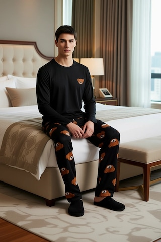 Frm Erkek Ayıcık Desenli Örme Pijama Takımı Fonksiyonel Dayanıklı Kal Siyah