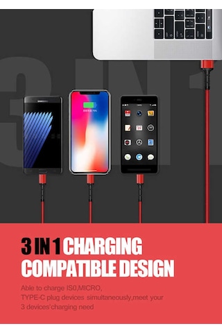 Ekılıf - Kablo 3 İn 1 Usb Kablo Lc93 - Kırmızı - T8251 Kırmızı