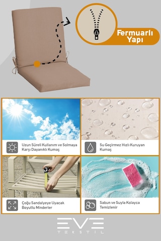 Eve Tekstil Bahçe - Salon - Balkon Arkalıklı Fermuarlı Bağlanabilir Yıkanabilir Katlanabilir Sandalye Minderi 2 Adet Açık Kahve