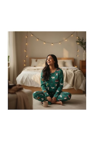 Feg Store %100 Pamuk Yeşil Uzun Kollu Yılbaşı Temalı Pijama Takımı