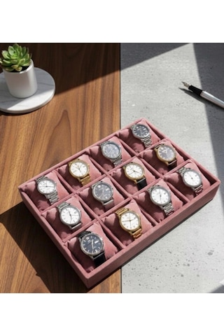 12 Bölmeli Ahşap Üzeri Baby Face Kumaş Saat Ve Takı Standı - Organizeri Ebat 35x24x5 Cm Açık Pembe