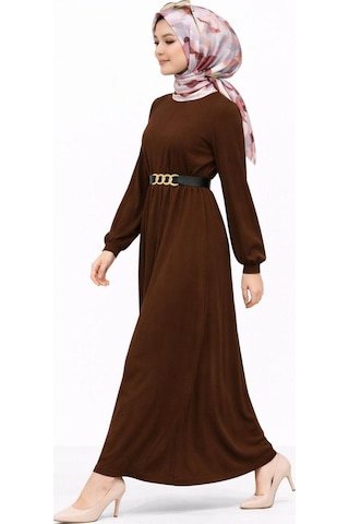 Hira Life Fashion Kadın Gold Zincir Kemer Detaylı Bisiklet Yaka Ve Tesettür Giyim Burgu Elbise Kahverengi Kahverengi