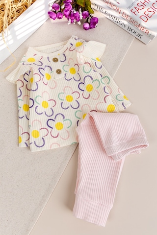 Babymod Çiçek Desenli 100% Pamuk Kız Bebek Pijama Takımı Pembe
