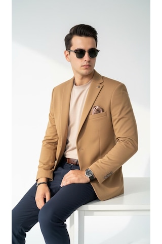Plus Scorpion Camel Erkek Blazer Ceket Esnek Comfort Kumaş, İtalyan Kesim, Tek Düğmeli Slim Fit Şık Model CAMEL