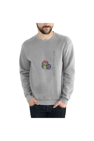 Ağaç Dal Üzerinde Baykuş Owl Moon Baskılı Gri Erkek Örme Sweat