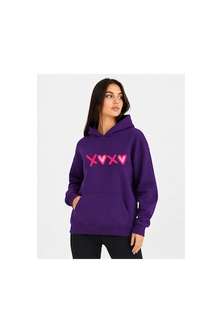 Herkesemoda Xoxo Baskılı Kapüşonlu 2 İplik Şardonlu Sweatshirt Mor