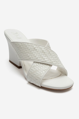 Luvi Shoes Lavean Beyaz Örgü Çapraz Bantlı Kadın Dolgu Topuklu Terlik