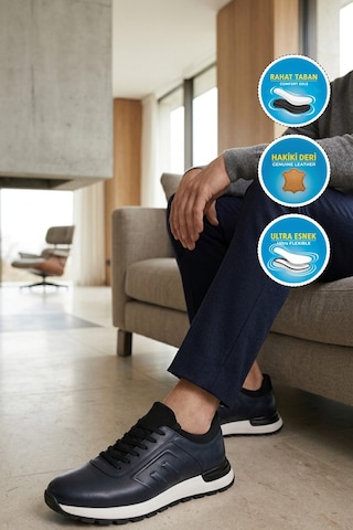 Voyager Erkek Lacivert Hakiki Deri Casual Ayakkabı Bağcıklı Rahat Konfor Tabanlı Sneaker M294 M