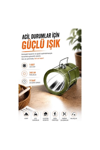 Lexroo 3 Fonksiyonlu Şarjlı Solarlı Kamp Lambası El Feneri Powerbank Özellikli Taşıma Kulplu Haki