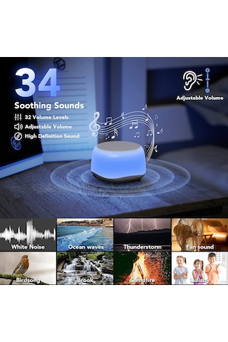 Maiyame Bebek Uyku Rahatlatıcı Cihazı - 34 Yumuşak Ses & 7 Renkli Gece Lambası - 3 Ayar Zamanlayıcı - Dahili Li-pol Batarya Beyaz Beyaz