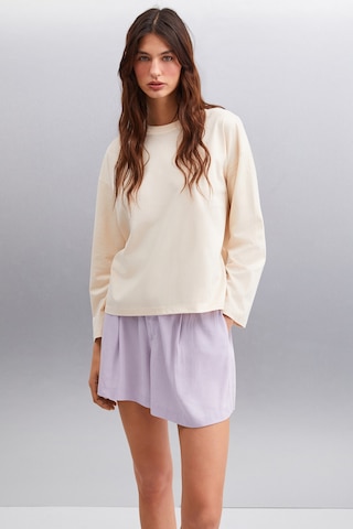 Basıl Kadın Oversize %100 Organik Pamuk Örme Uzun Kol Bej T-shirt
