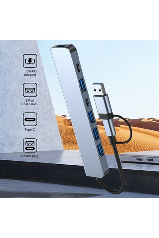 Mufunye Usb-c Ve Usb-a'dan 7 Porta Çevirici: Usb3.0, 4 Usb2.0, Pd Şarj Ve Veri Portu - Uzay Gri Hub