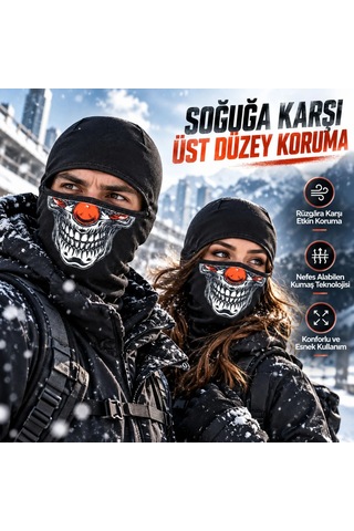 Teorastore Unisex Şık Palyaço Desenli Balaklava Kışlık Tam Yüz Maske Termal Nefes Alan Esnek Kask Altı Boyunluk Siyah