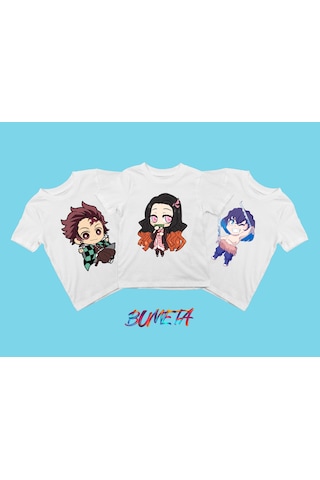Bumeta Demon Slayer Chibi Karakter Baskılı Çocuk Tişört 3 Lü Set Beyaz