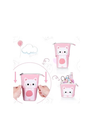 Stand Kalemlik, Teleskopik Kalem Kutusu, Kedi Kalem Çantası, Kanvas Kalemlik, Kırtasiye Makyaj Çantası, Öğrenciler Ve Ofis Malzemeleri İçin Mavi Th