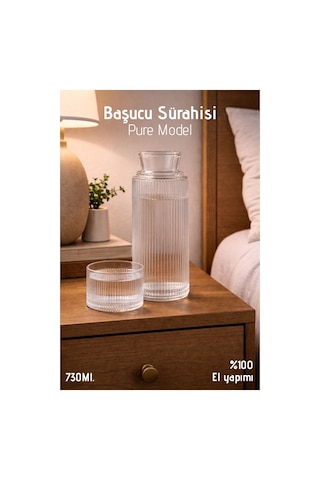 El Yapımı Cam, Pure Modelli Başucu Sürahisi -730ml. Bardaklı Sürahi