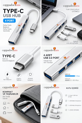 Veri Aktarıcı, Aktarım, Çevirici, Usb Çoklayıcı - Type C - 4 Port Klavye Mouse Uyumlu Usb Hub