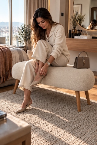 Lona Bukle Kumaş Modern Bench Puf Çok Amaçlı Yatak Ucu Ve Antre Bankı Beyaz