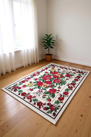 Blghome Karabağ Desen Modern Halı Dekoratif Kilim Ekru - Kırmızı