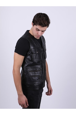 New Zaya Leather Erkek Siyah Deri Yelek (468581124)