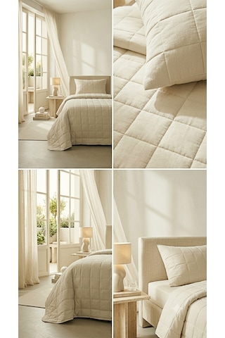 Ocean Home Textile %100 Pamuk Kumaş Kapitoneli Bej Çok Amaçlı Tek Kişilik Yatak Örtüsü Seti 1 Adet 180 X 230 / 1 Adet 50 X 70 Cm