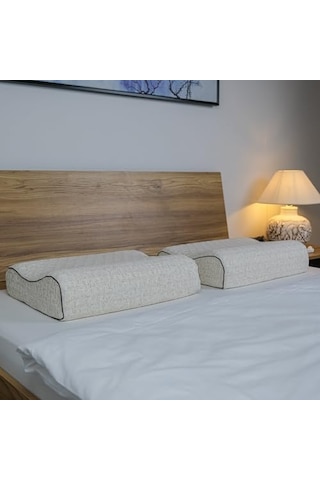 Ortopedik Visco Yastık Boyun Destekli Yastık Visko Atella Doğal Keten Kılıflı 60x40x14-12 Cm