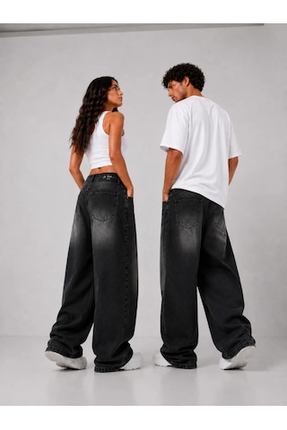 St.poll Vintage Siyah Yıkamalı Unisex Baggy Jean