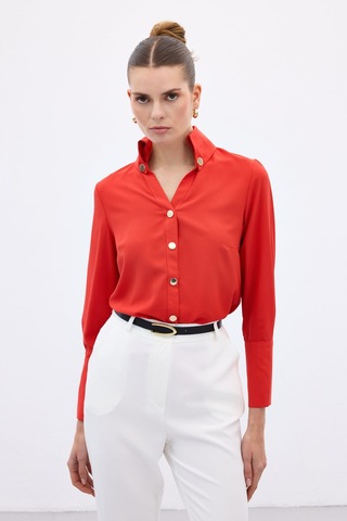 Sateen Çıt Çıt Detaylı Gömlek - Kırmızı-136558 Kırmızı