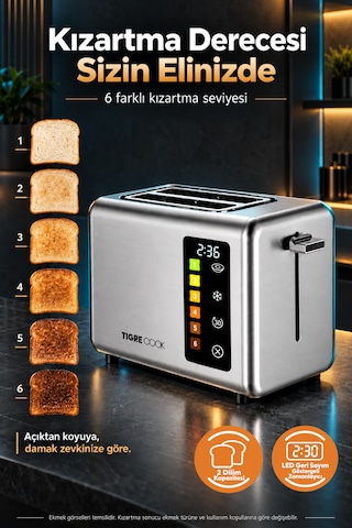 Tıgrecook 2 Dilim Kapasiteli Tost Aparatı Ve Ekmek Isıtma Raflı Dokunmatik Ekmek Kızartma Makinesi