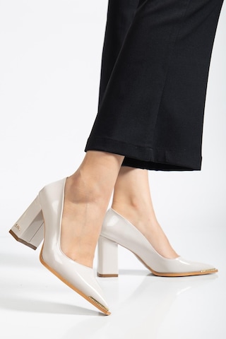 Suins Premium Verty Model Kadın Kalın Topuklu Burnu Taşlı Rugan Stiletto Ayakkabı Ten