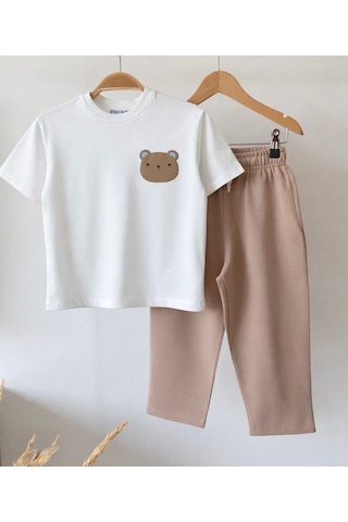 Erkek Çocuk Ekru Ayıcık Baskılı Jogger Pantolonlu Altüst Takım Ekru