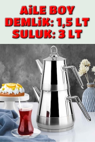 Piramit Paslanmaz Çelik Çaydanlık Takımı Aile Boy Metal Kulp 3059 Gümüş Kulp