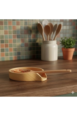 Bambu Tezgah Üstü Kirli Kaşıklık Damlalıklı Ahşap Kaşık Ve Kepçe Dinlendirme Standı