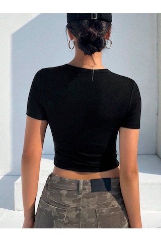 Bisiklet Yaka Asimetrik Stil Siyah Renk Fitilli Kısa Kollu Slim Fit Crop Top Bluz Siyah