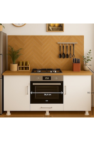 140lık Ankastre Fırın Ocak Dolabı,kahve Köşesi,çok Amaçlı Mutfak Dolabı Meşe - Beyaz