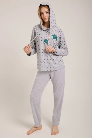 Kadın Gri Kalpli Kapşonlu Pijama Takımı Gri