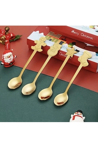 4 Lü Yılbaşı Kaşığı Seti Gold - Paslanmaz Çelik - Yılbaşı Hediyel