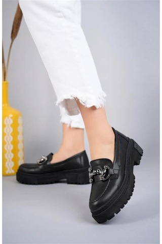Aymood Kadın Kalın Taban Loafer Makosen Ayakkabı Gc Platin Toka Loafer Topuk Boyu 5cm Pu Deri Siyah