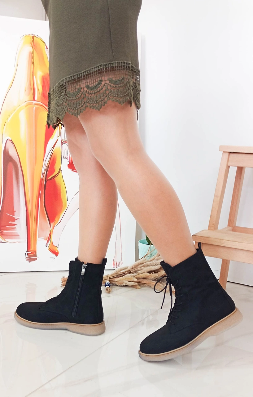 Gdt Ayakkabı Siyah Süet Bağcıklı Fermuarlı Kadın Bot Siyah