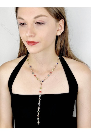 Y Kolye, Taşlı, Çok Renkli, Kalpli, Kolye 432, Kasa Altın Renk altın