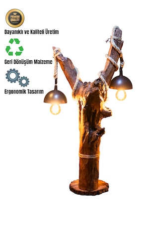Celestia Home Büyük Boy 2 Lambalı Doğal Ağaç İskandinav Rustik Aydınlatma Ahşap Abajur Gece Lambası Ahşap