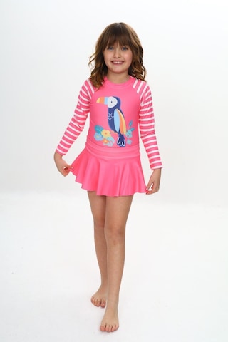 Lolliboomkids Kız Çocuk Beyaz Pembe Renk Şanslı Tukan Kuşu Baskılı Uzun Kollu Tayt Etekli 2 Parça Mayo / Bikini Takımı Tukan Çok Renkli
