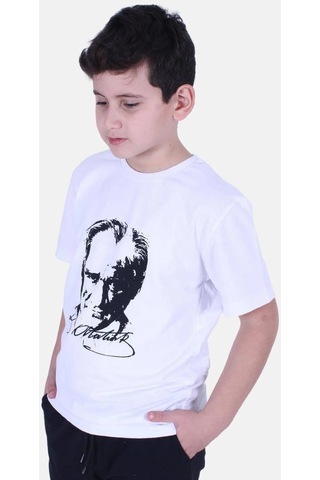 Atatürk Baskılı İmzalı Beyaz Unisex Çocuk T-shırt-beyaz Beyaz