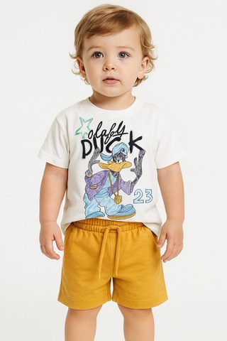 Uğur Bebe Daffy Duck Baskılı %100 Pamuk Yazlık 2 Li Set, Sarı Şortlu Rahat Günlük Giyim Ekru Ekru