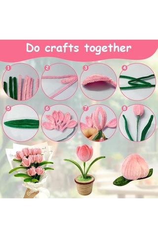 100 Adet Pembe Ve Koyu Yeşil Renkli Şönil , Çiçek Yapım Seti, Tüylü Tel, 30 Cm, Peluş Te