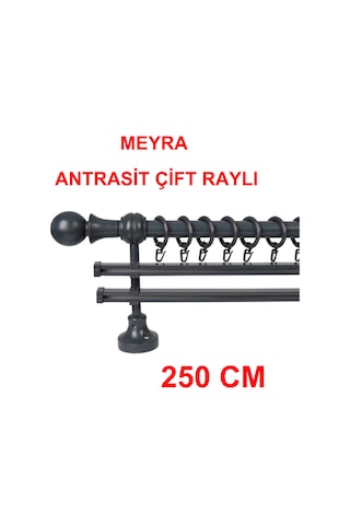 Meyra Demonte Başlıklı Ahşap Rustik Perde Askısı - Çift Raylı -antrasit 250 Cm Antrasit