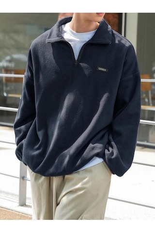 Genıus Store Erkek Polar Oversize Sweatshirt Polar Sweatshirt Lacivert