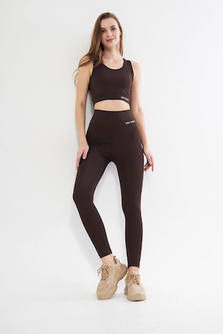 Lesa Wear Yüksek Bel Likralı Toparlayıcı Tayt Crop Takım Kahverengi